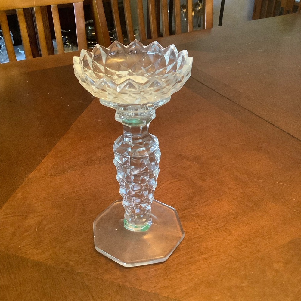 Vintage Pressed Glass Candlestick w/ Bobeche -faceted stem-7”